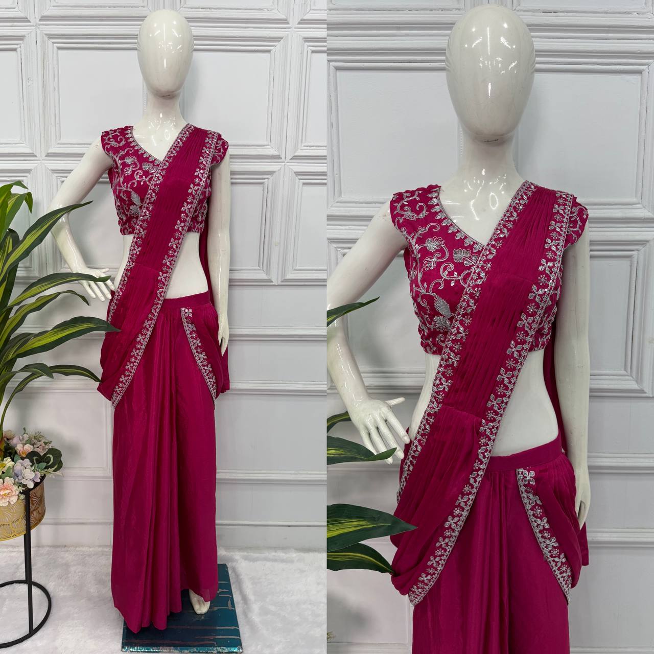 Superhit Pink Color Chinon With Embroidered Lace Border Ready To Wear Saree