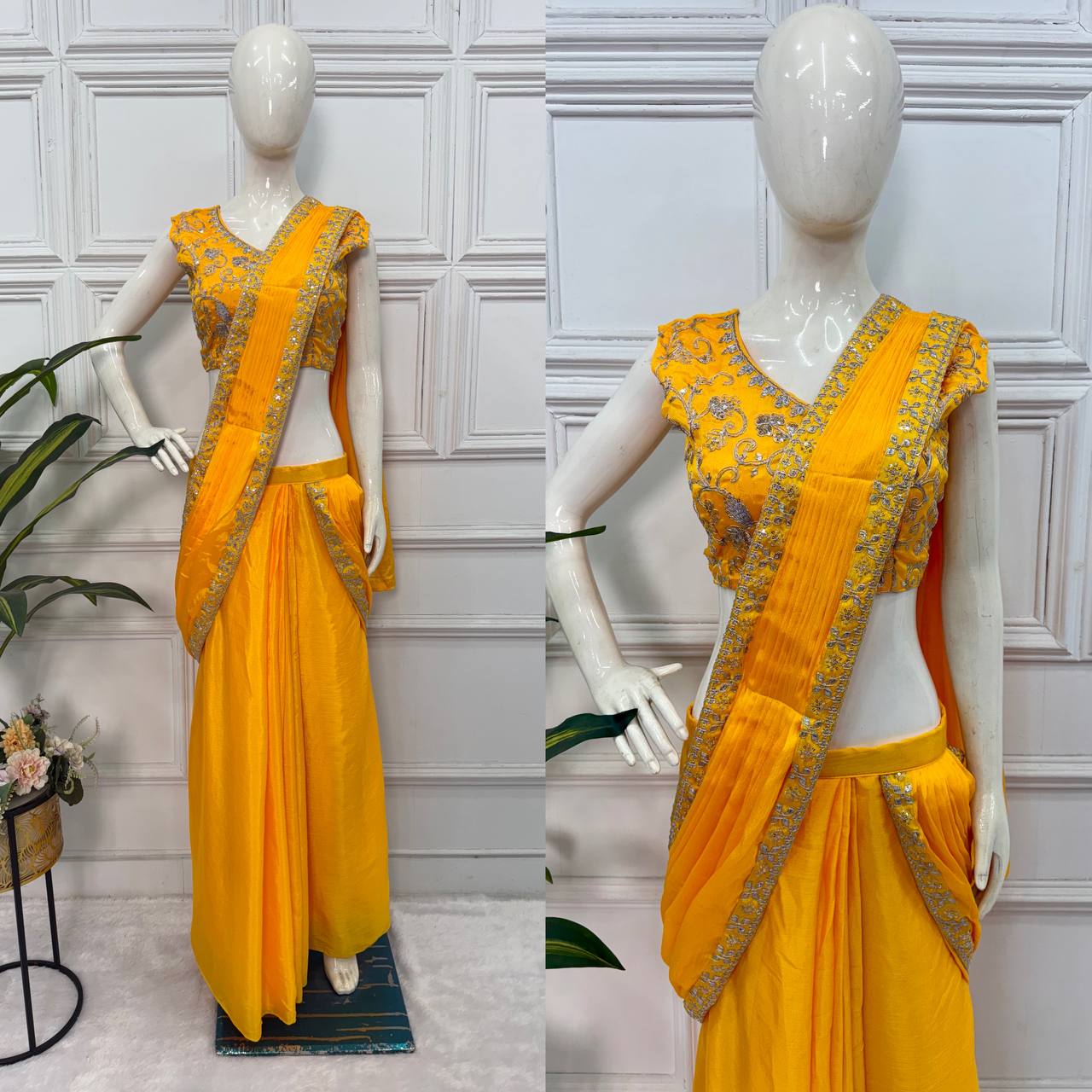 Superhit Yellow Color Chinon With Embroidered Lace Border Ready To Wear Saree