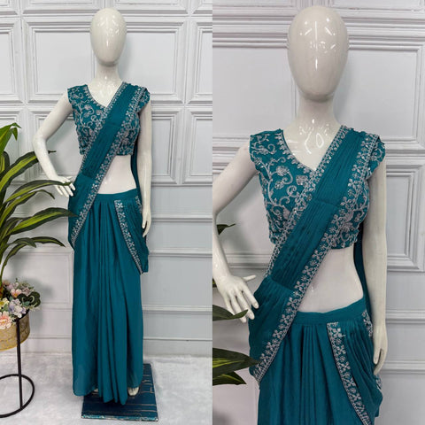Superhit Teal Color Chinon With Embroidered Lace Border Ready To Wear Saree