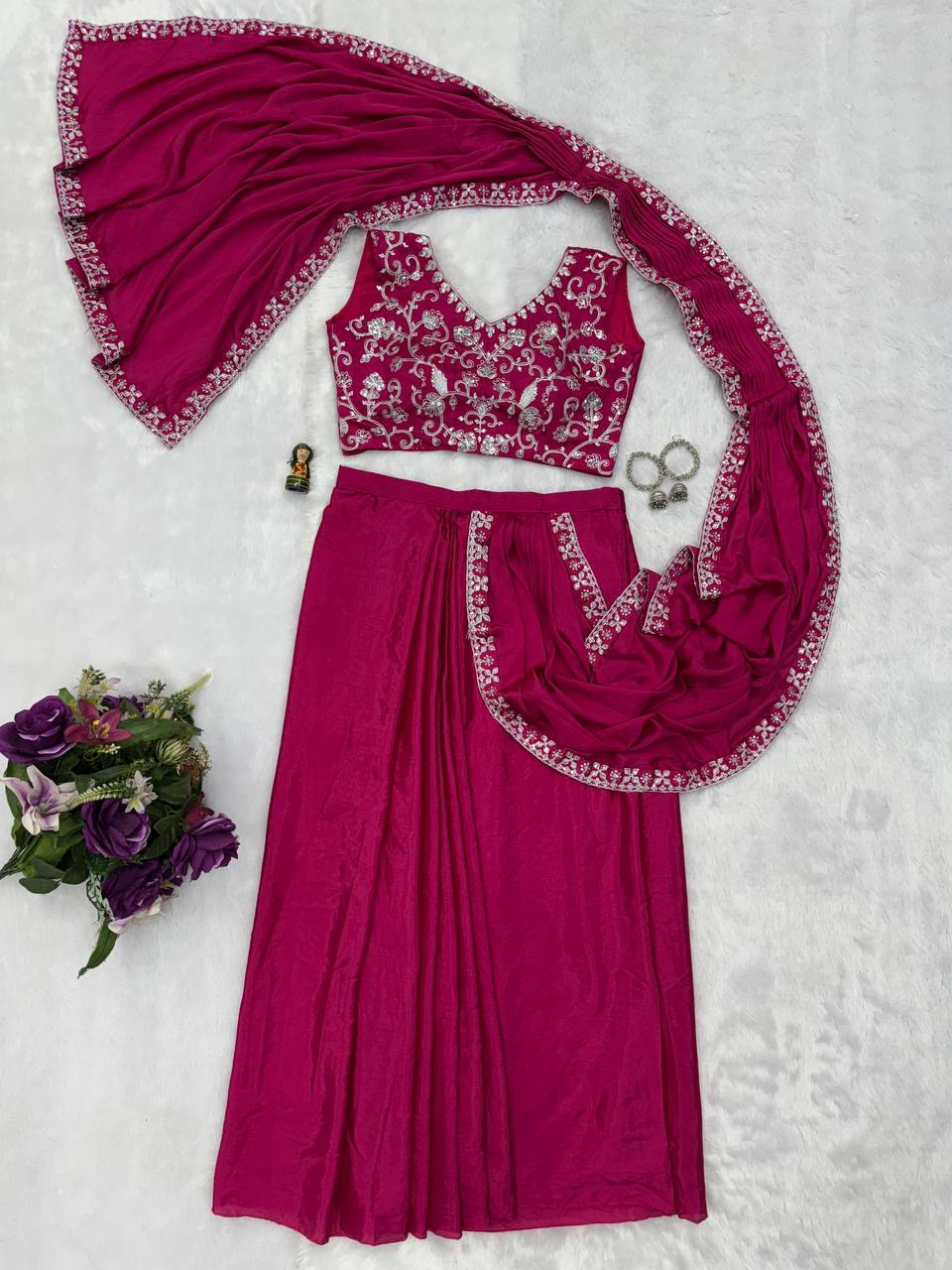 Superhit Pink Color Chinon With Embroidered Lace Border Ready To Wear Saree