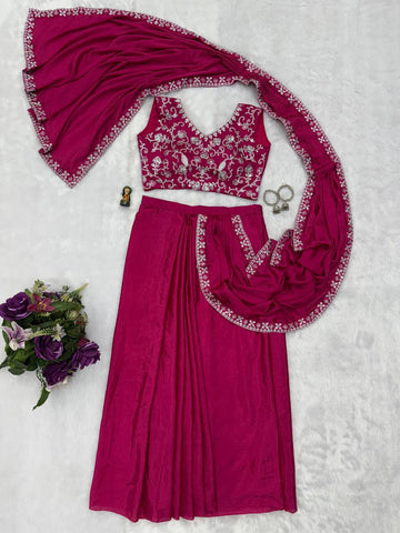 Superhit Pink Color Chinon With Embroidered Lace Border Ready To Wear Saree