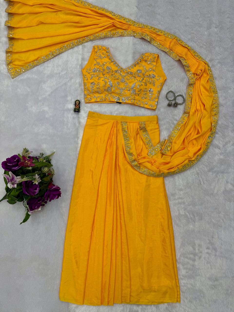 Superhit Yellow Color Chinon With Embroidered Lace Border Ready To Wear Saree