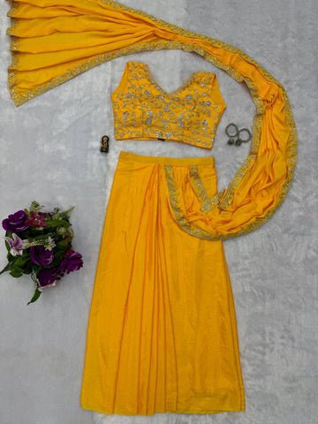 Superhit Yellow Color Chinon With Embroidered Lace Border Ready To Wear Saree
