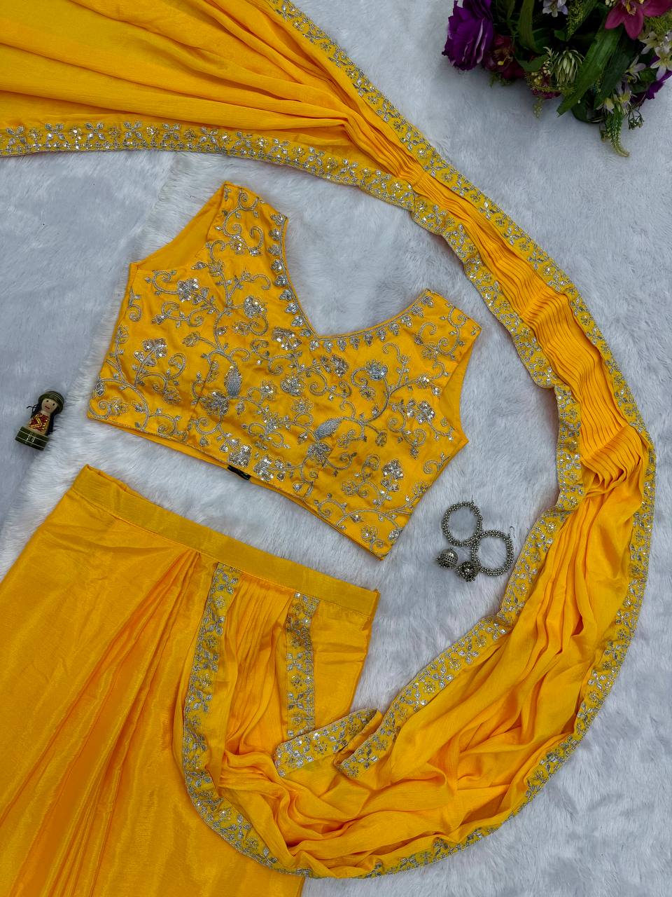 Superhit Yellow Color Chinon With Embroidered Lace Border Ready To Wear Saree