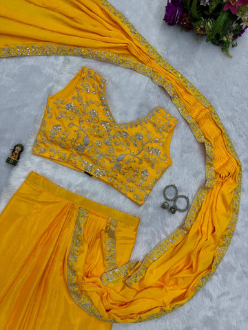 Superhit Yellow Color Chinon With Embroidered Lace Border Ready To Wear Saree