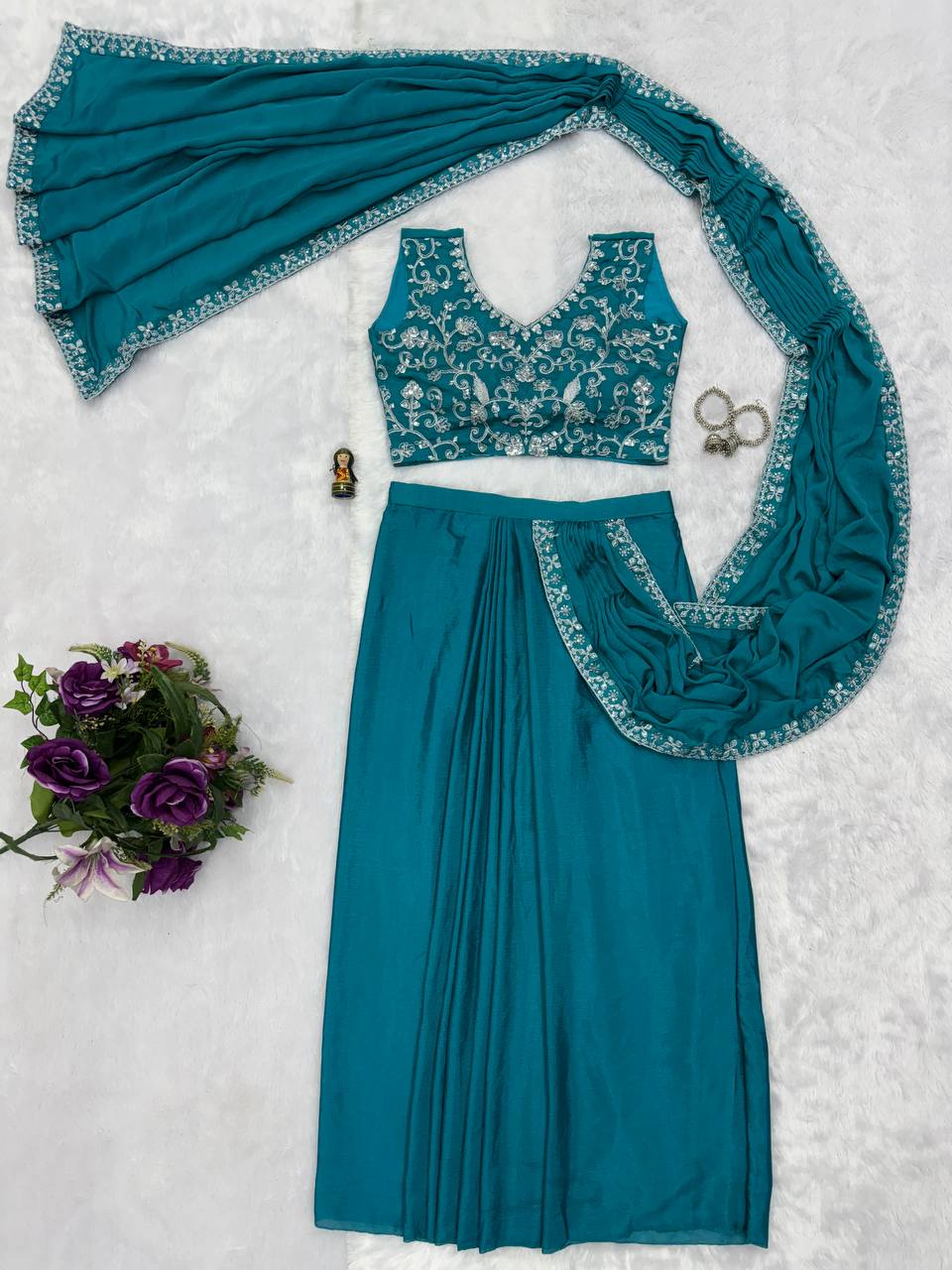 Superhit Teal Color Chinon With Embroidered Lace Border Ready To Wear Saree