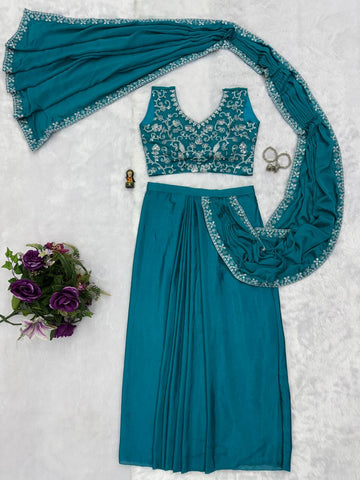 Superhit Teal Color Chinon With Embroidered Lace Border Ready To Wear Saree