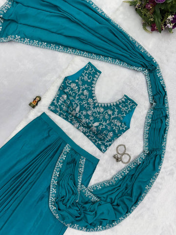 Superhit Teal Color Chinon With Embroidered Lace Border Ready To Wear Saree