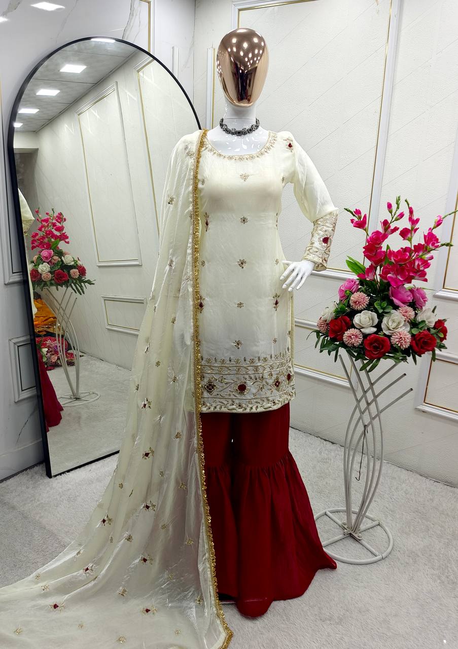 Festive Wear White Color Pure Fendy Silk With Heavy Embroidery Sequence Work Sharara Suit