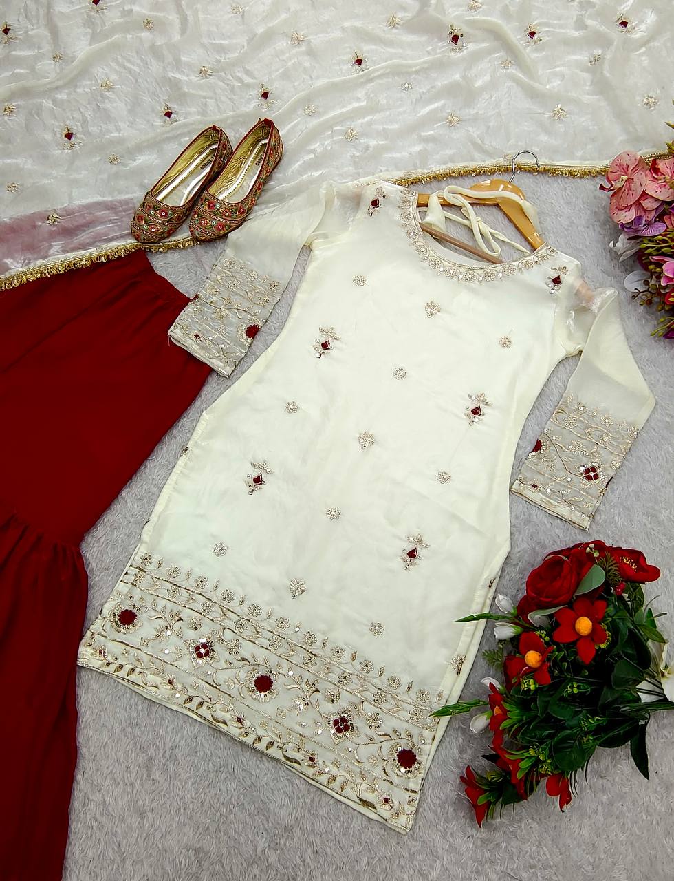 Festive Wear White Color Pure Fendy Silk With Heavy Embroidery Sequence Work Sharara Suit