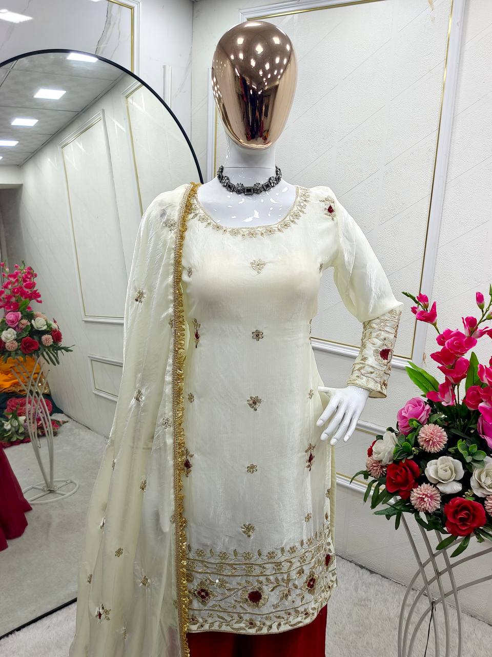 Festive Wear White Color Pure Fendy Silk With Heavy Embroidery Sequence Work Sharara Suit