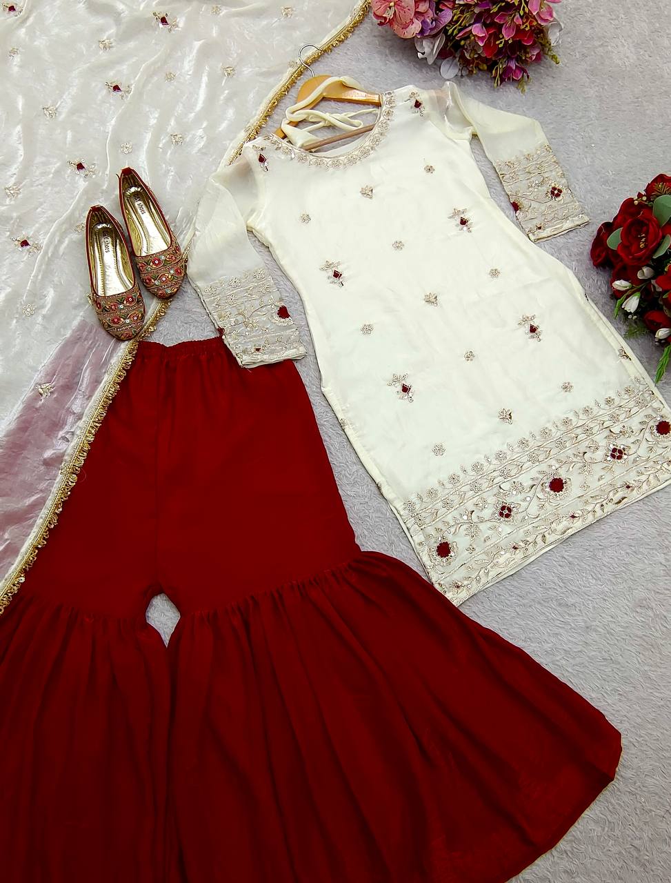 Festive Wear White Color Pure Fendy Silk With Heavy Embroidery Sequence Work Sharara Suit