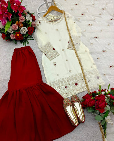 Festive Wear White Color Pure Fendy Silk With Heavy Embroidery Sequence Work Sharara Suit