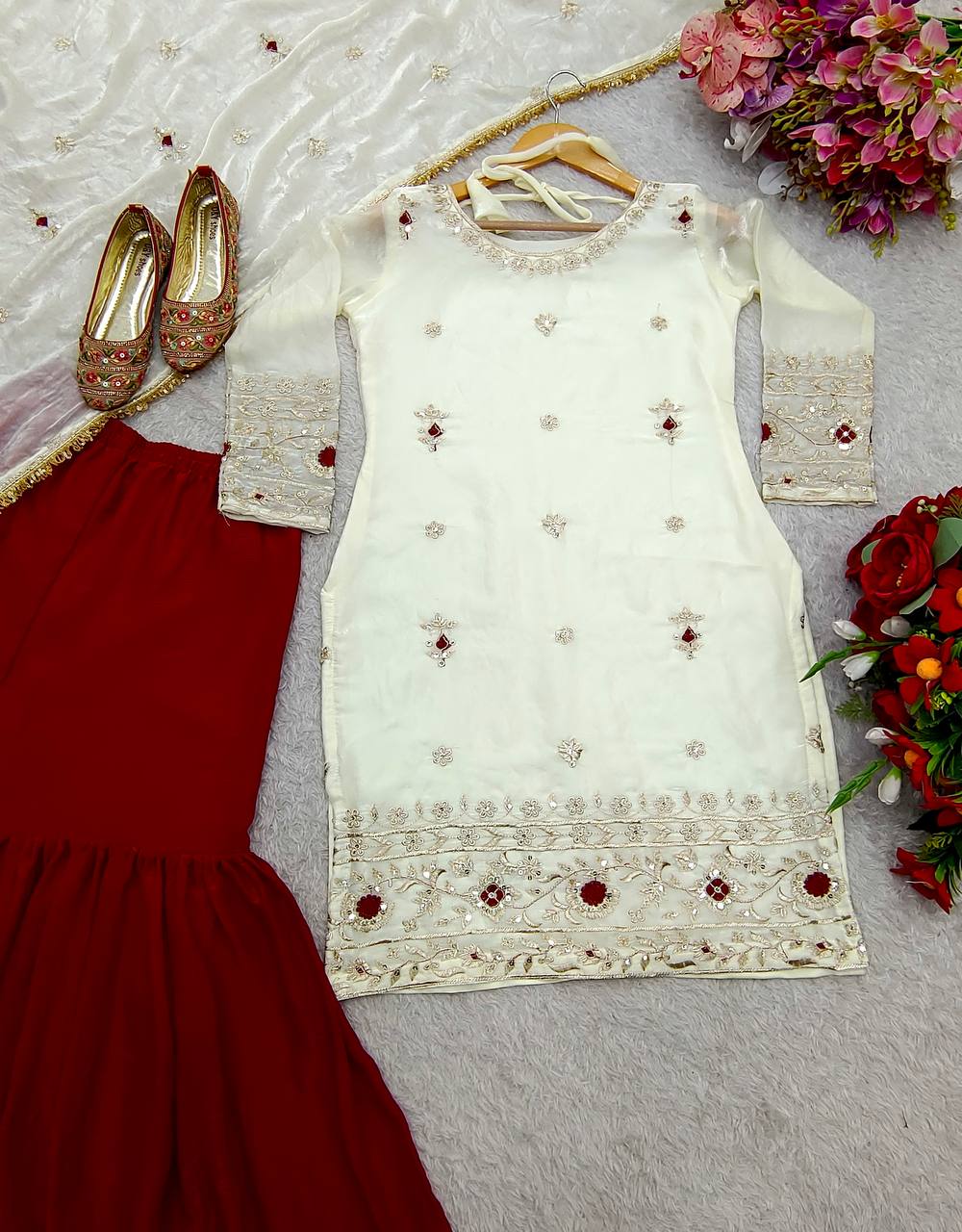 Festive Wear White Color Pure Fendy Silk With Heavy Embroidery Sequence Work Sharara Suit