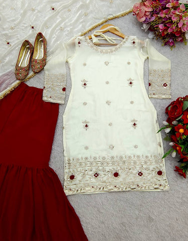 Festive Wear White Color Pure Fendy Silk With Heavy Embroidery Sequence Work Sharara Suit