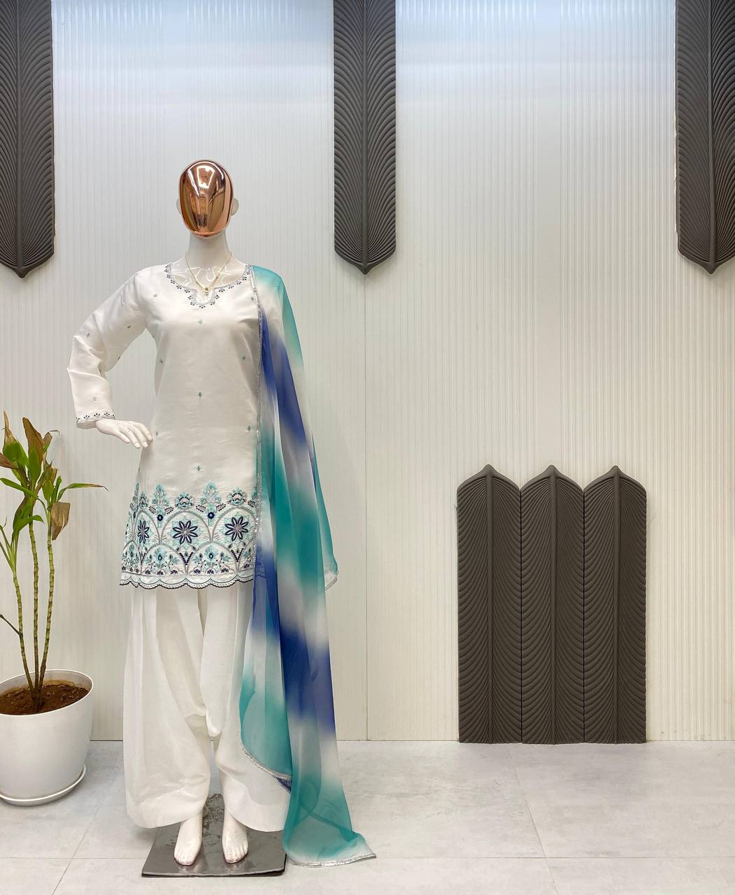 Wedding Wear Off White Color Roman Silk With Sequence Embroidery Salwar Suit