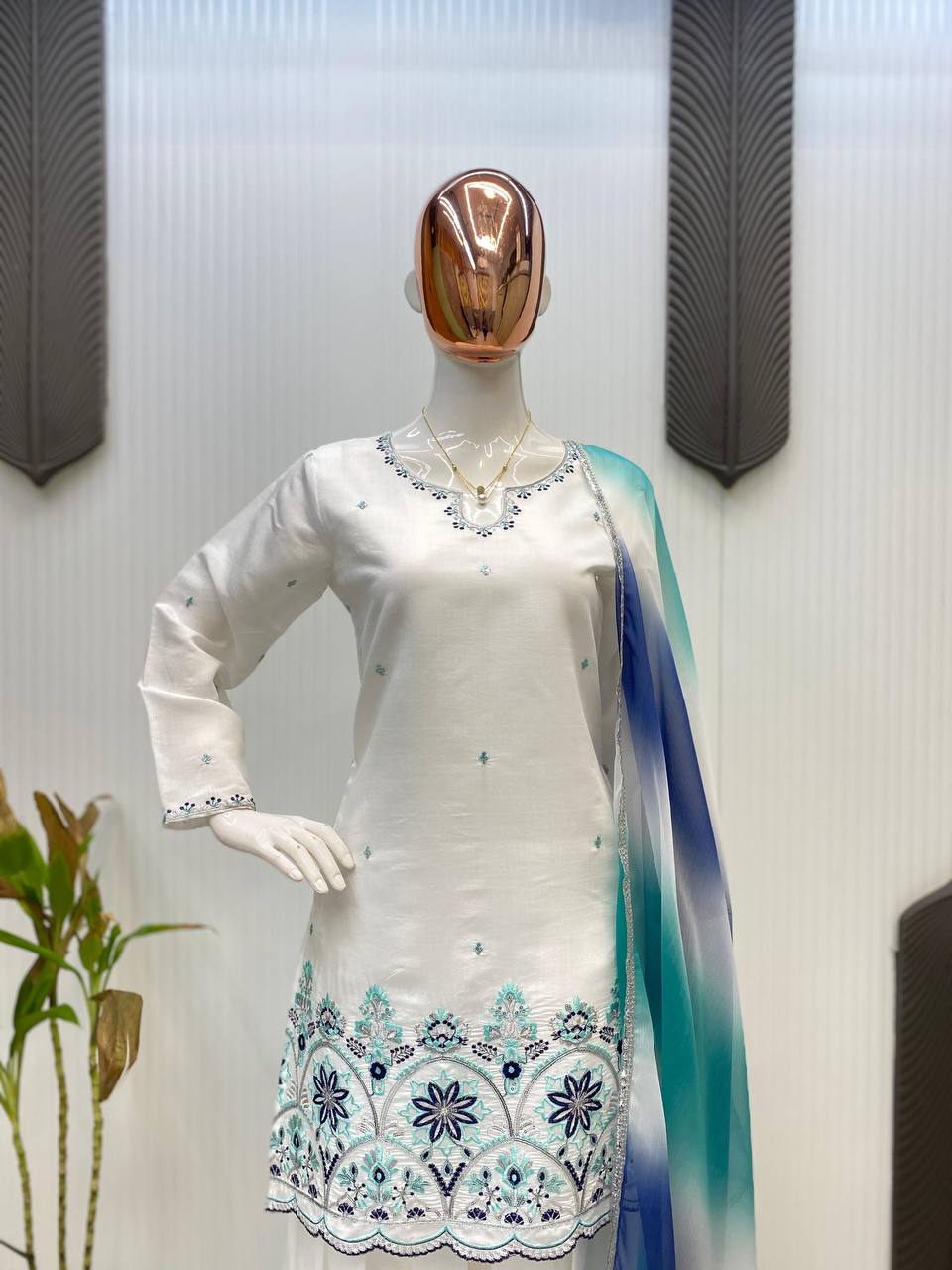 Wedding Wear Off White Color Roman Silk With Sequence Embroidery Salwar Suit