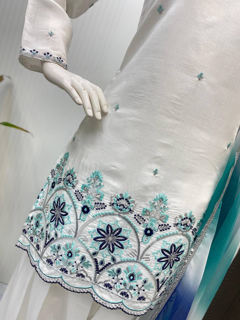 Wedding Wear Off White Color Roman Silk With Sequence Embroidery Salwar Suit