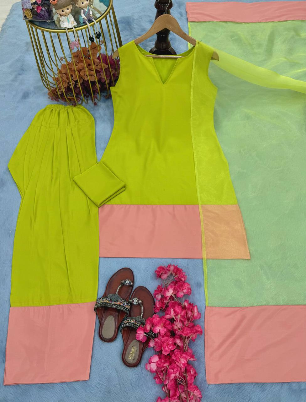 Festive Wear Parrot Green Color Natural Crap Silk With Tassels Palazzo Suit