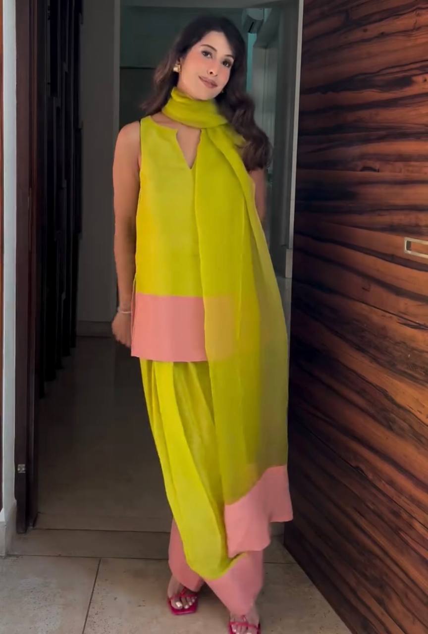 Festive Wear Parrot Green Color Natural Crap Silk With Tassels Palazzo Suit