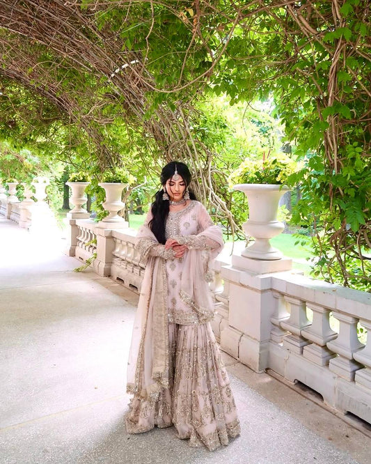 Wedding Wear Light Cream Color Heavy Faux Georgette With Embroidery Sequence Work Sharara Suit