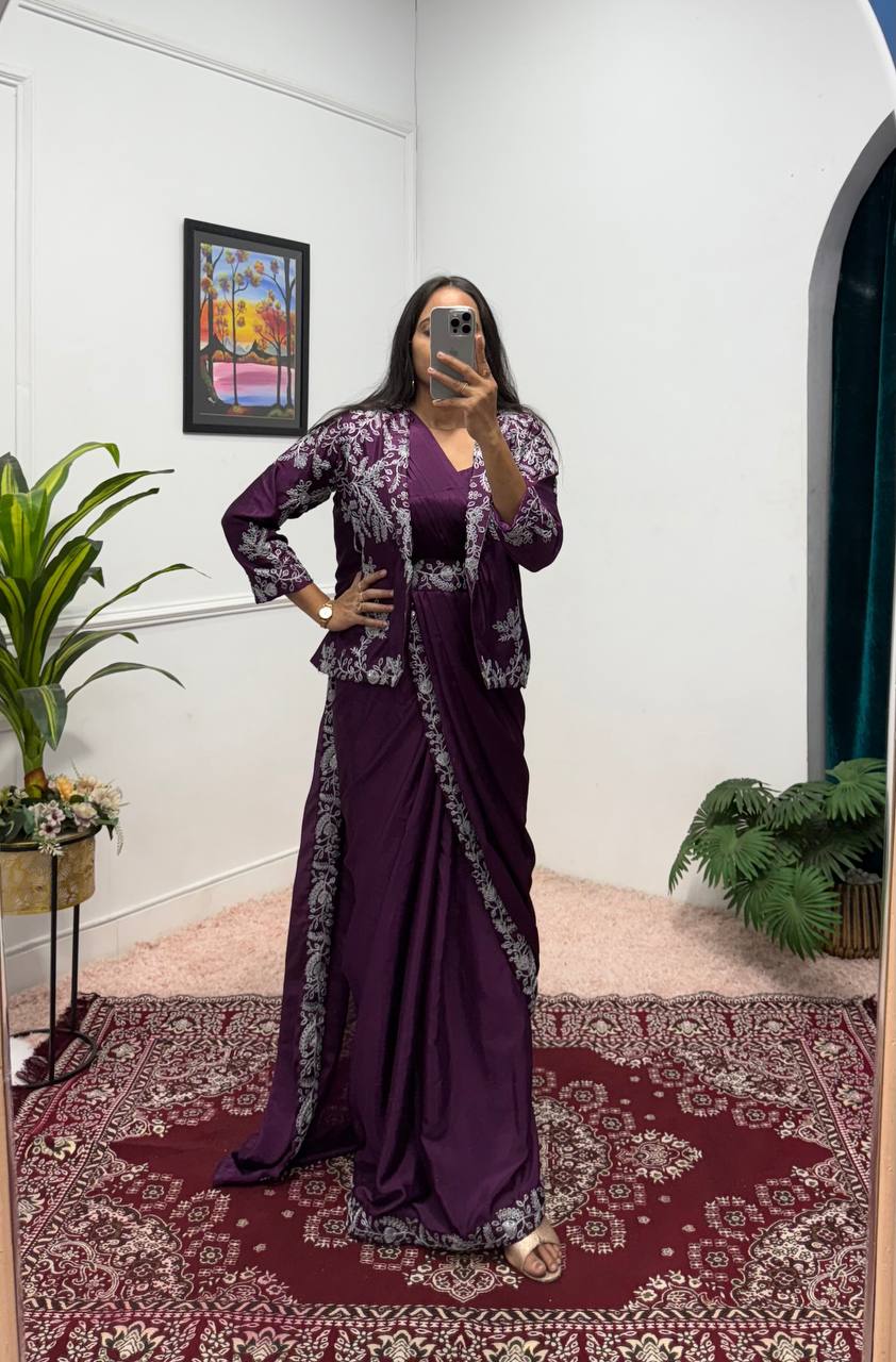 Party Wear Wine Color Chinon With Heavy Embroidery Work Indo-Western Drape Saree