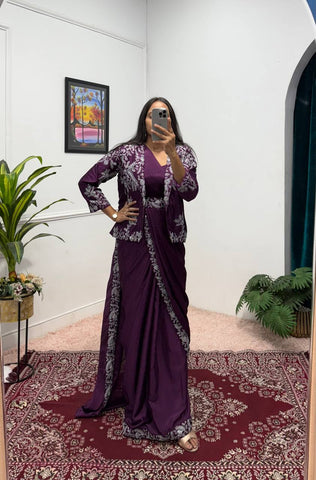 Party Wear Wine Color Chinon With Heavy Embroidery Work Indo-Western Drape Saree