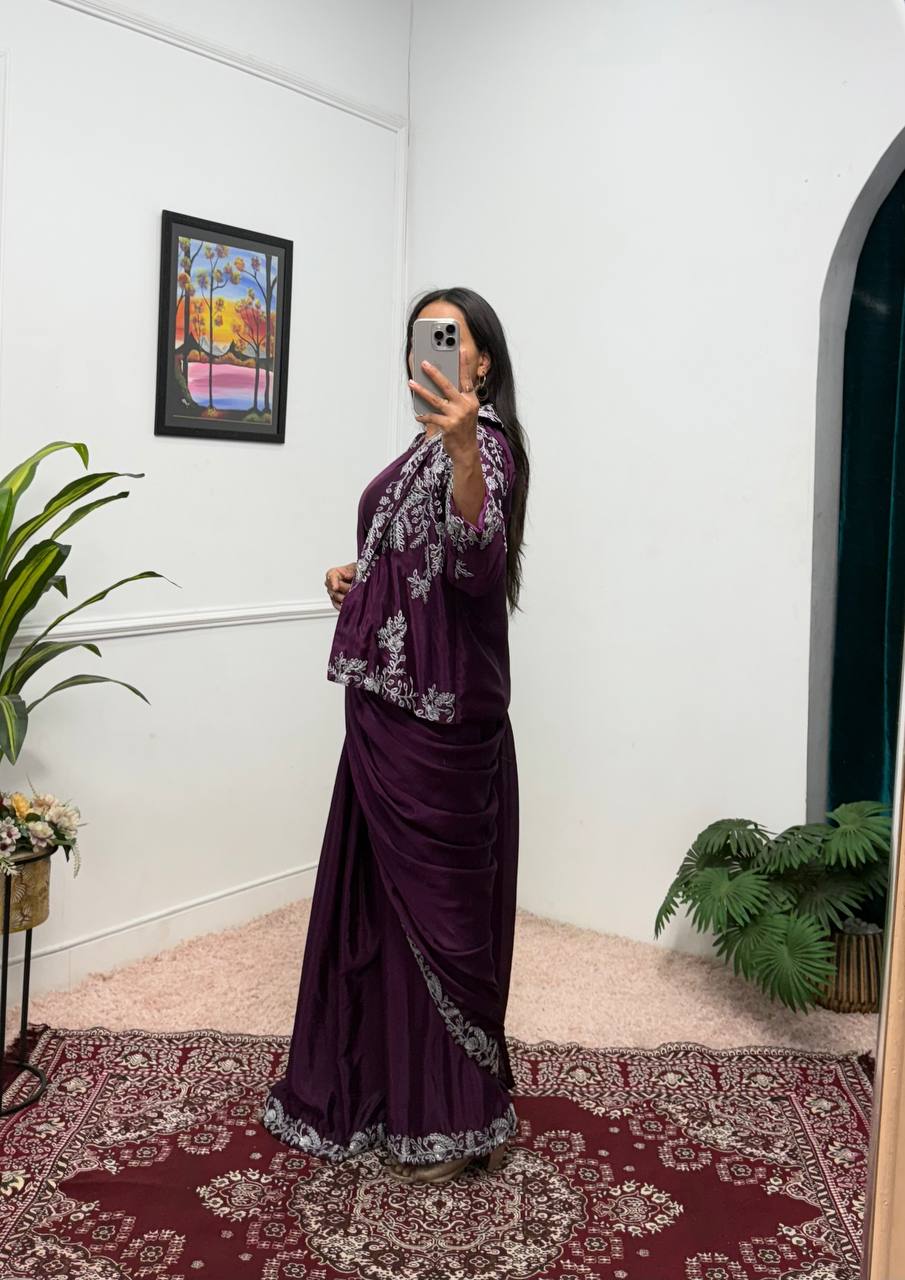 Party Wear Wine Color Chinon With Heavy Embroidery Work Indo-Western Drape Saree