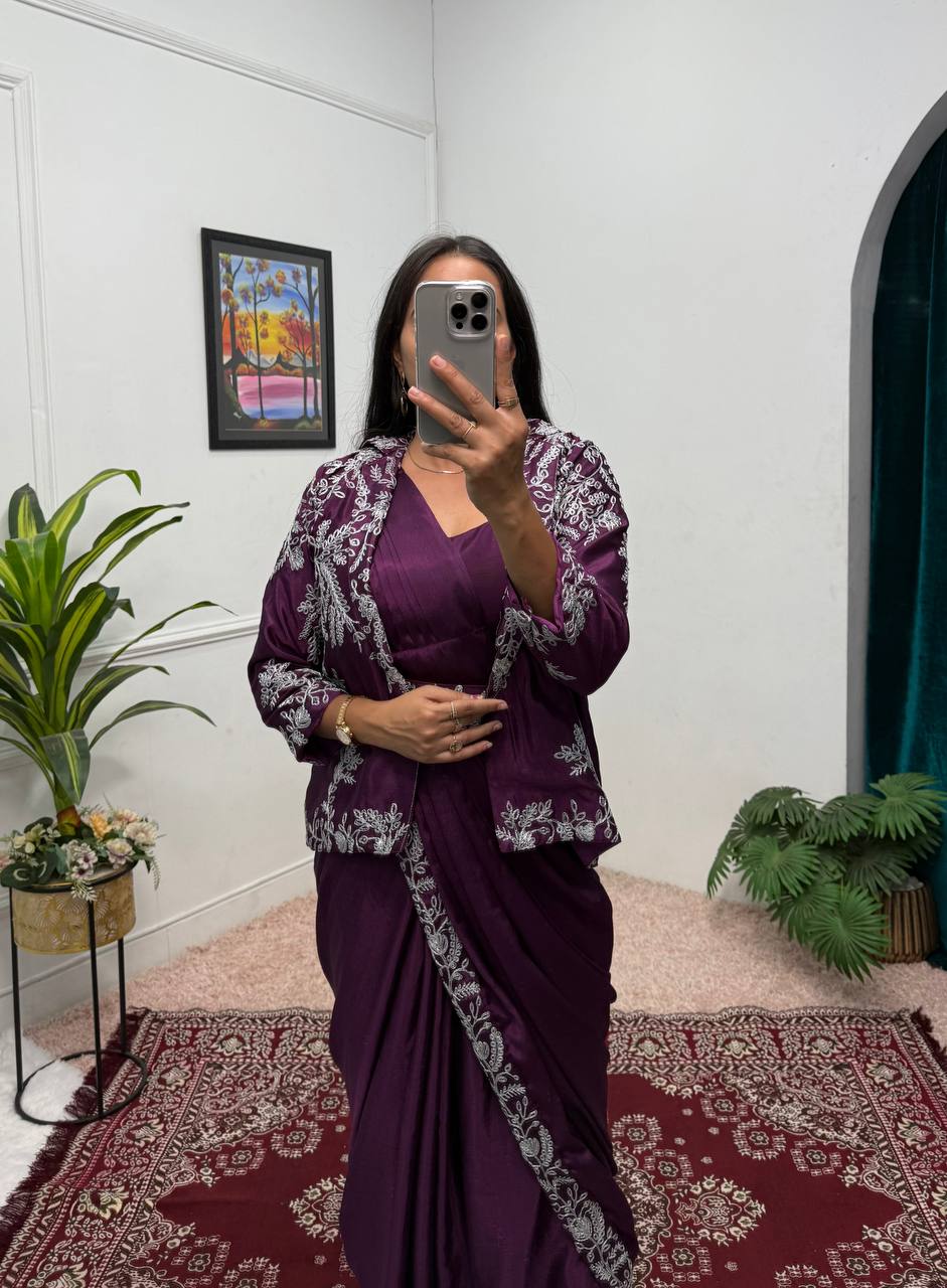 Party Wear Wine Color Chinon With Heavy Embroidery Work Indo-Western Drape Saree