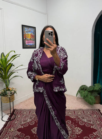 Party Wear Wine Color Chinon With Heavy Embroidery Work Indo-Western Drape Saree