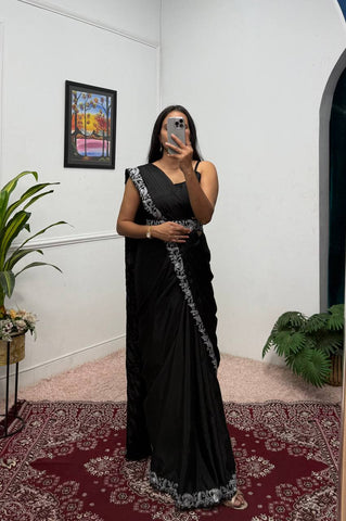 Function Wear Black Color Chinon With Heavy Embroidery Work Indo-Western Drape Saree