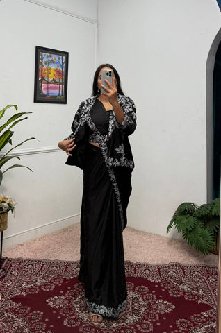 Function Wear Black Color Chinon With Heavy Embroidery Work Indo-Western Drape Saree
