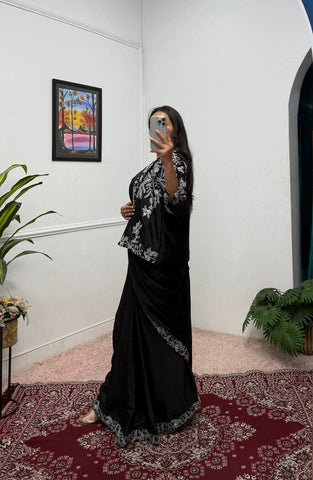 Function Wear Black Color Chinon With Heavy Embroidery Work Indo-Western Drape Saree