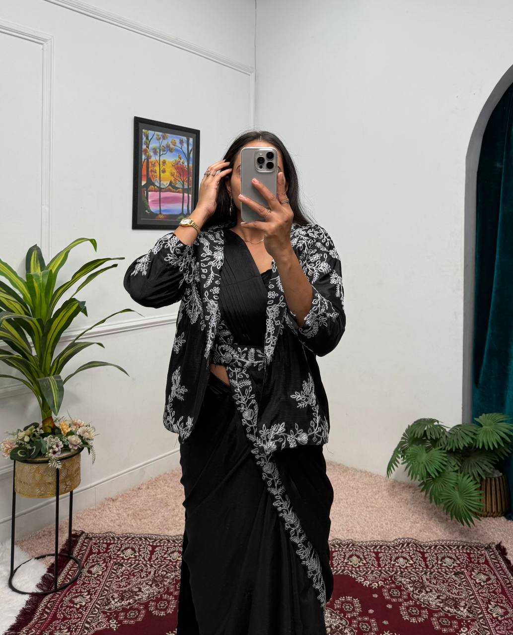 Function Wear Black Color Chinon With Heavy Embroidery Work Indo-Western Drape Saree