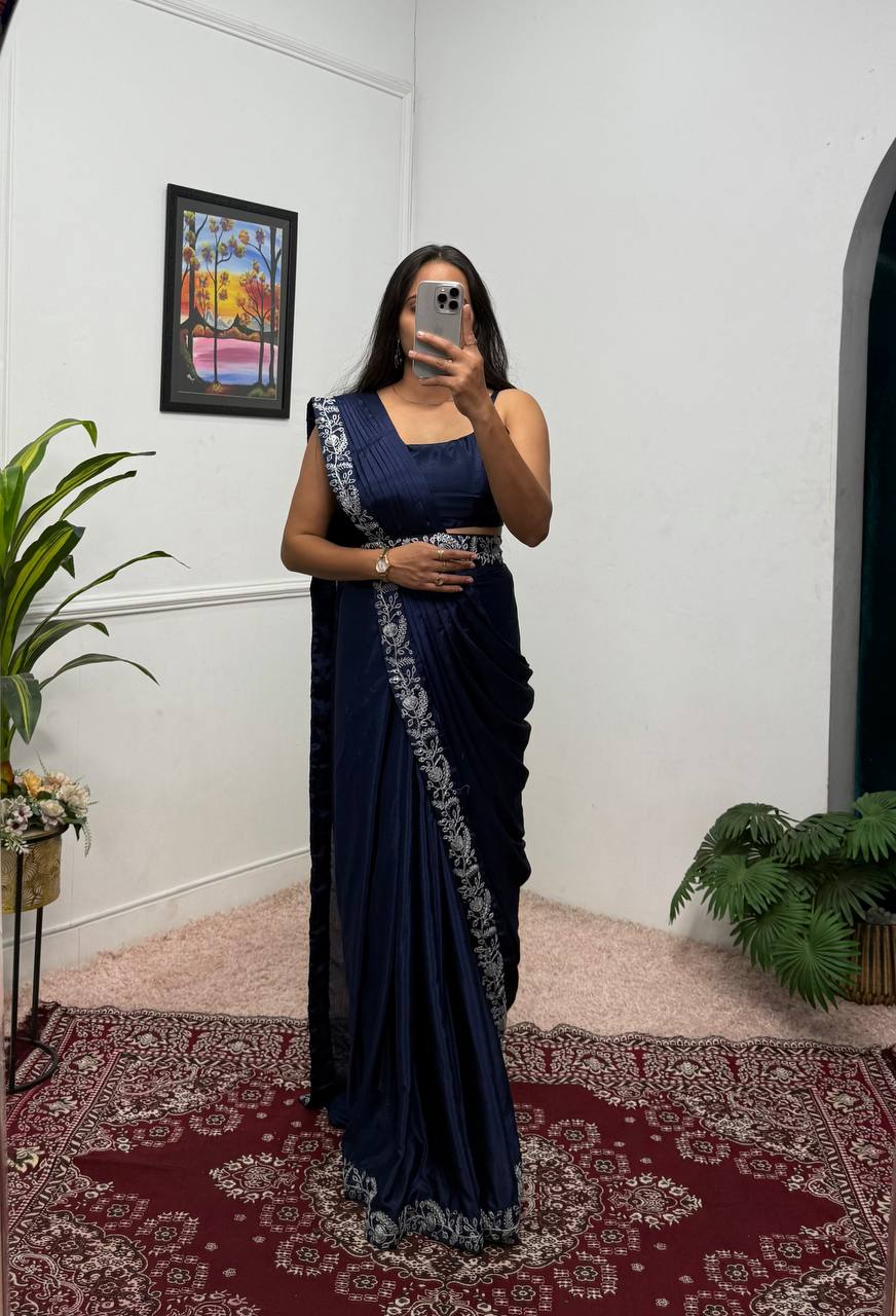 Wedding Wear Navy Color Chinon With Heavy Embroidery Work Indo-Western Drape Saree