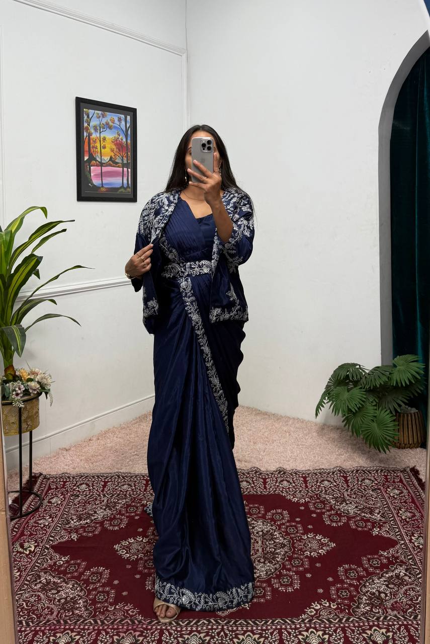 Wedding Wear Navy Color Chinon With Heavy Embroidery Work Indo-Western Drape Saree