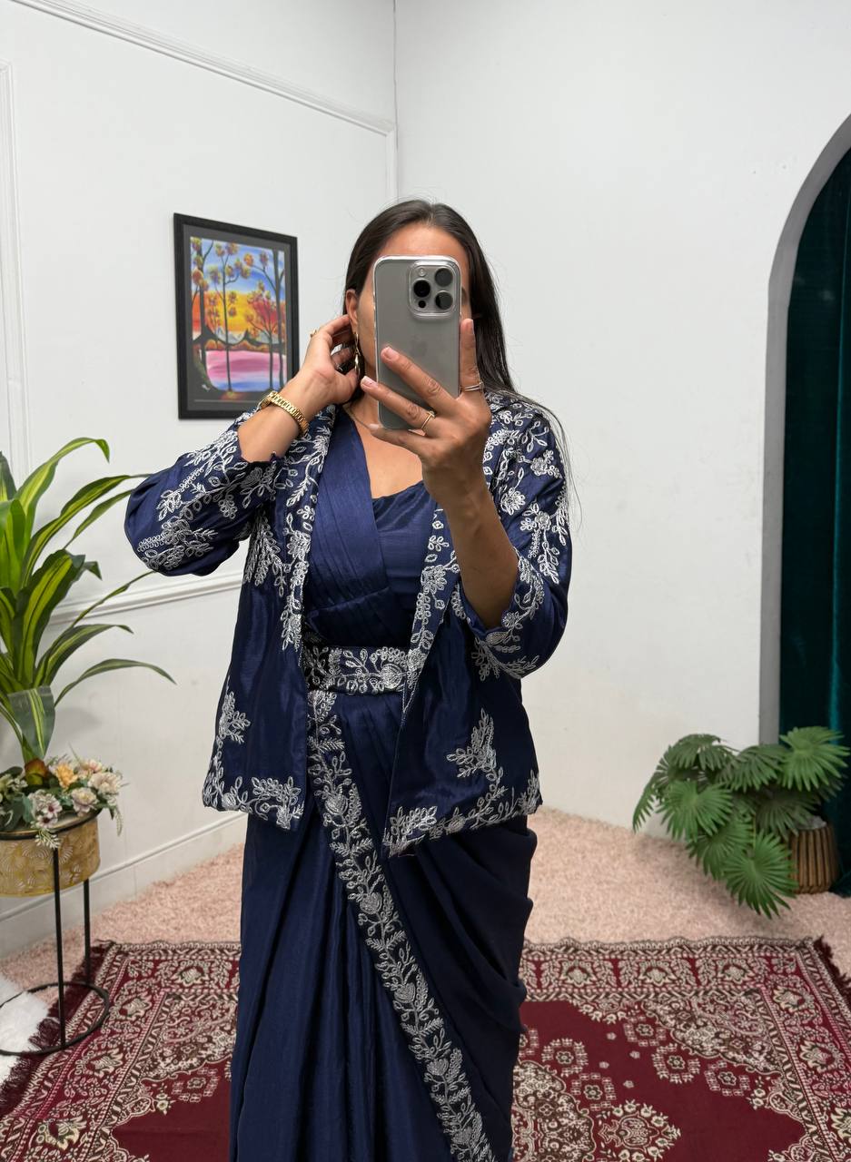 Wedding Wear Navy Color Chinon With Heavy Embroidery Work Indo-Western Drape Saree