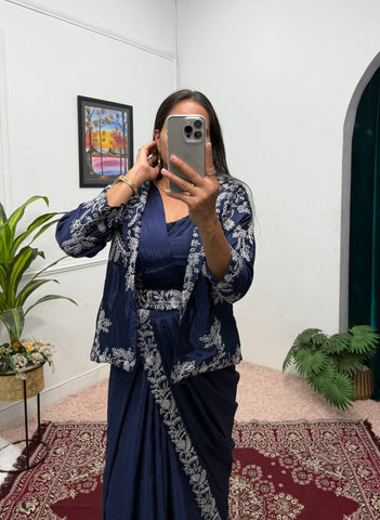 Wedding Wear Navy Color Chinon With Heavy Embroidery Work Indo-Western Drape Saree