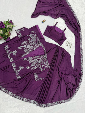 Party Wear Wine Color Chinon With Heavy Embroidery Work Indo-Western Drape Saree