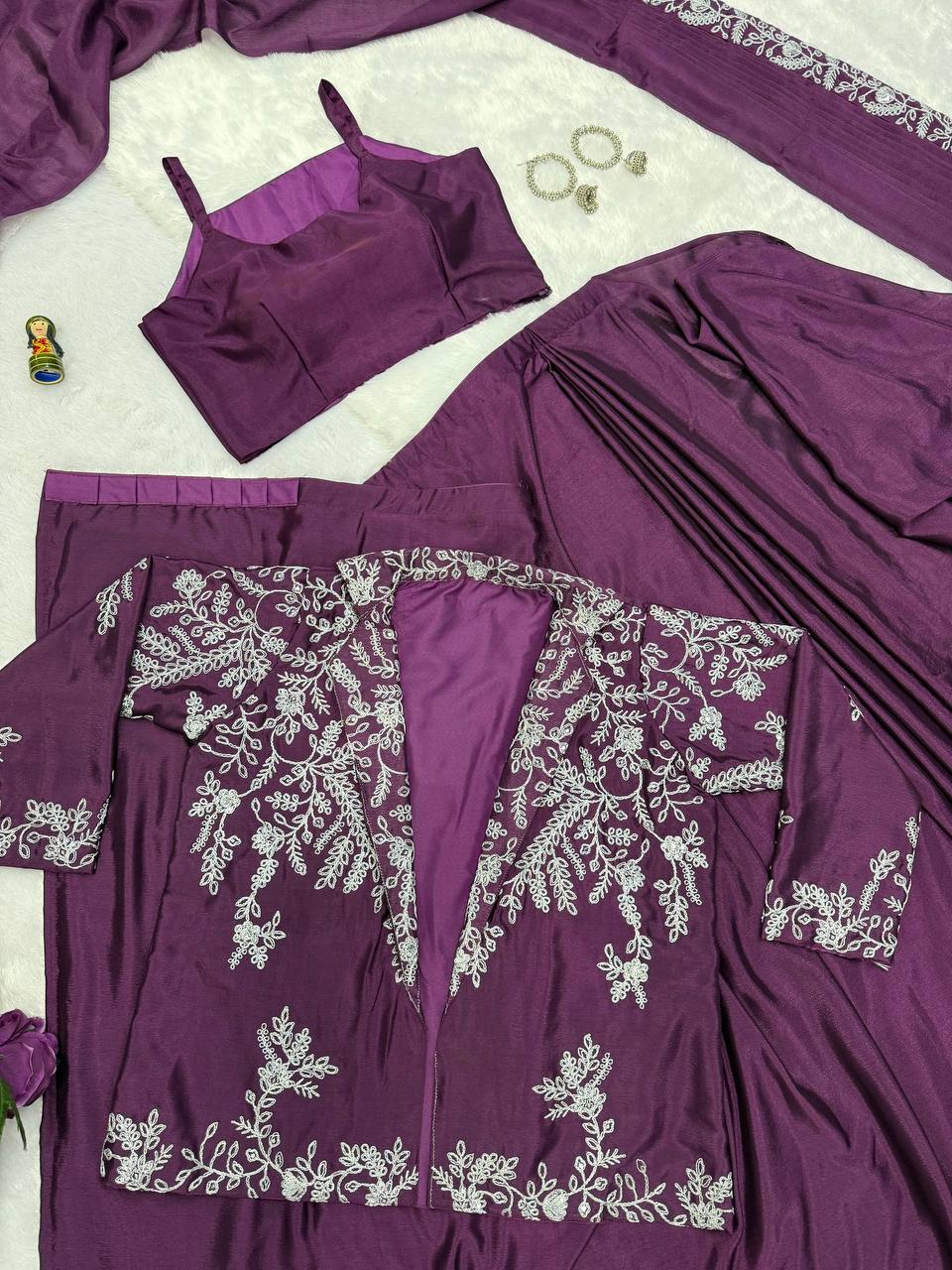 Party Wear Wine Color Chinon With Heavy Embroidery Work Indo-Western Drape Saree