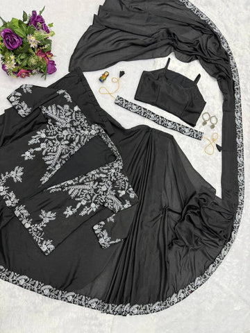 Function Wear Black Color Chinon With Heavy Embroidery Work Indo-Western Drape Saree