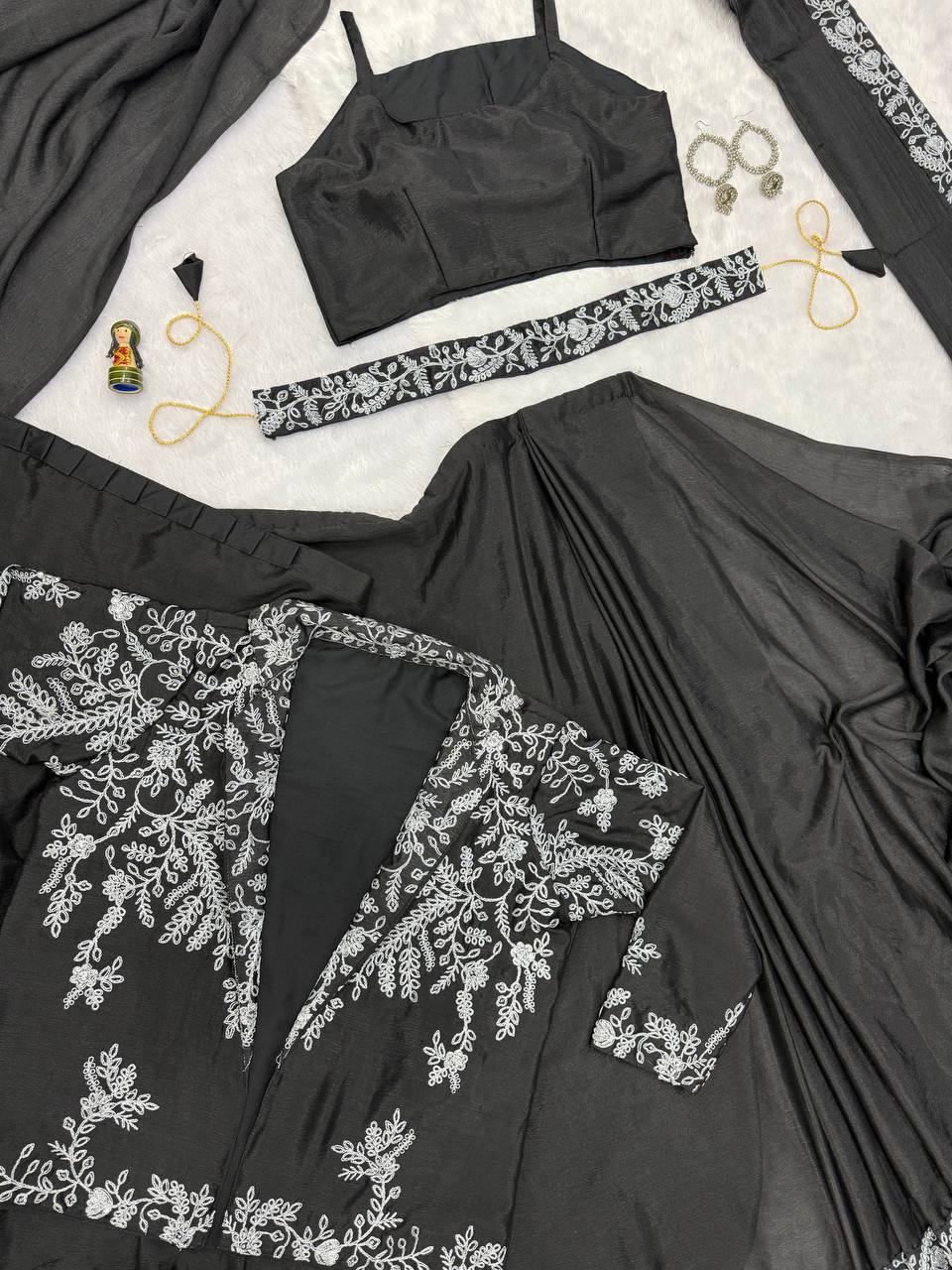 Function Wear Black Color Chinon With Heavy Embroidery Work Indo-Western Drape Saree