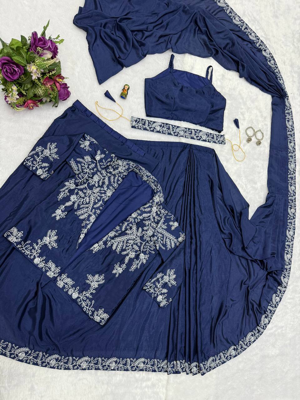 Wedding Wear Navy Color Chinon With Heavy Embroidery Work Indo-Western Drape Saree