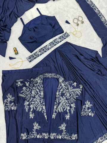 Wedding Wear Navy Color Chinon With Heavy Embroidery Work Indo-Western Drape Saree