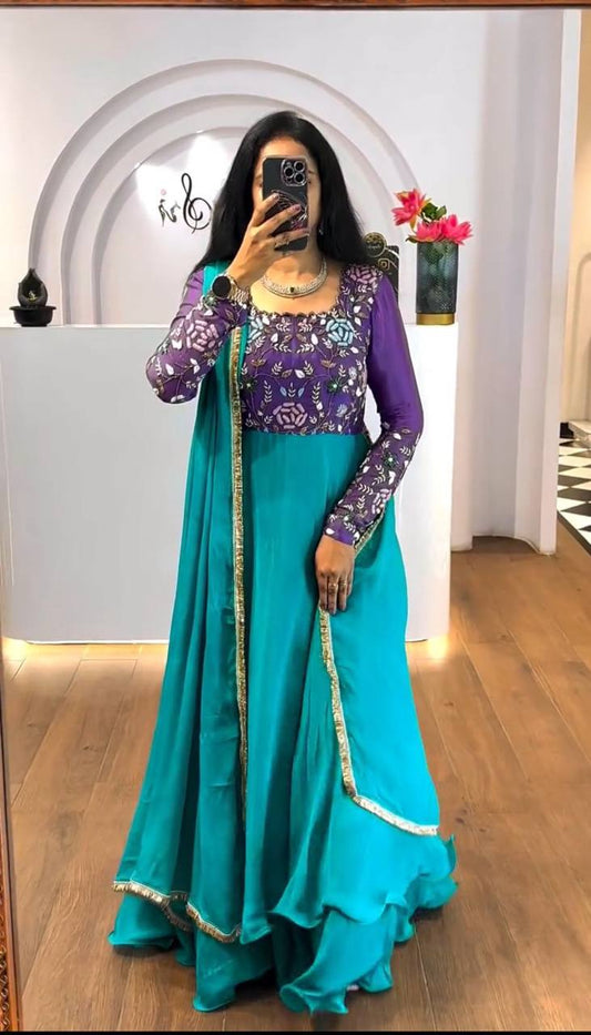 Ceremony Wear Sky Blue Color Chinon And Embroidery Thread Work Designer Gown