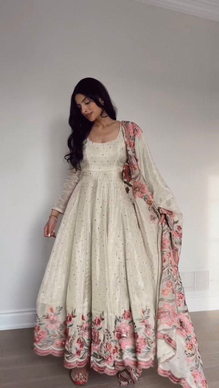Exclusive Off White Color Chinon Silk Thread With Sequence Work Anarkali Gown
