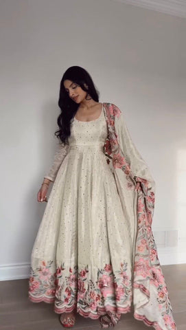 Exclusive Off White Color Chinon Silk Thread With Sequence Work Anarkali Gown