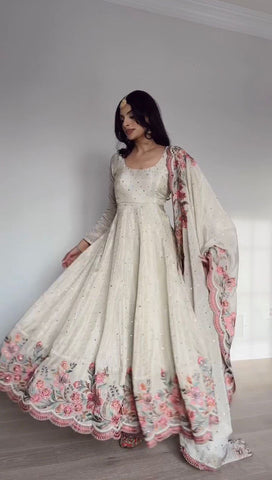 Exclusive Off White Color Chinon Silk Thread With Sequence Work Anarkali Gown