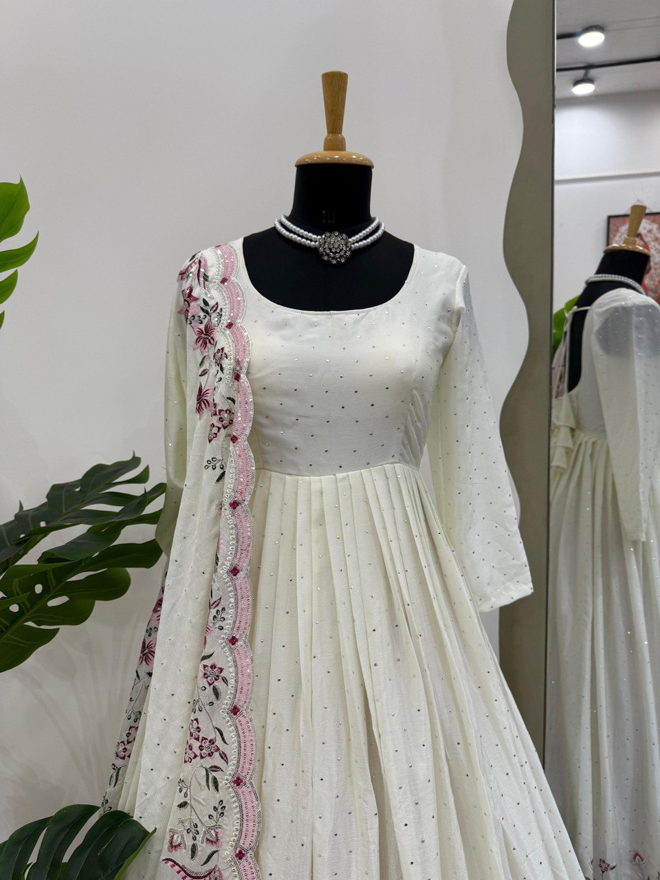 Exclusive Off White Color Chinon Silk Thread With Sequence Work Anarkali Gown