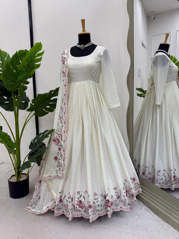 Exclusive Off White Color Chinon Silk Thread With Sequence Work Anarkali Gown